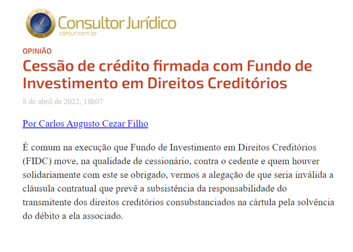 Cessão de crédito firmada com Fundo de Investimento em Direitos Creditórios
